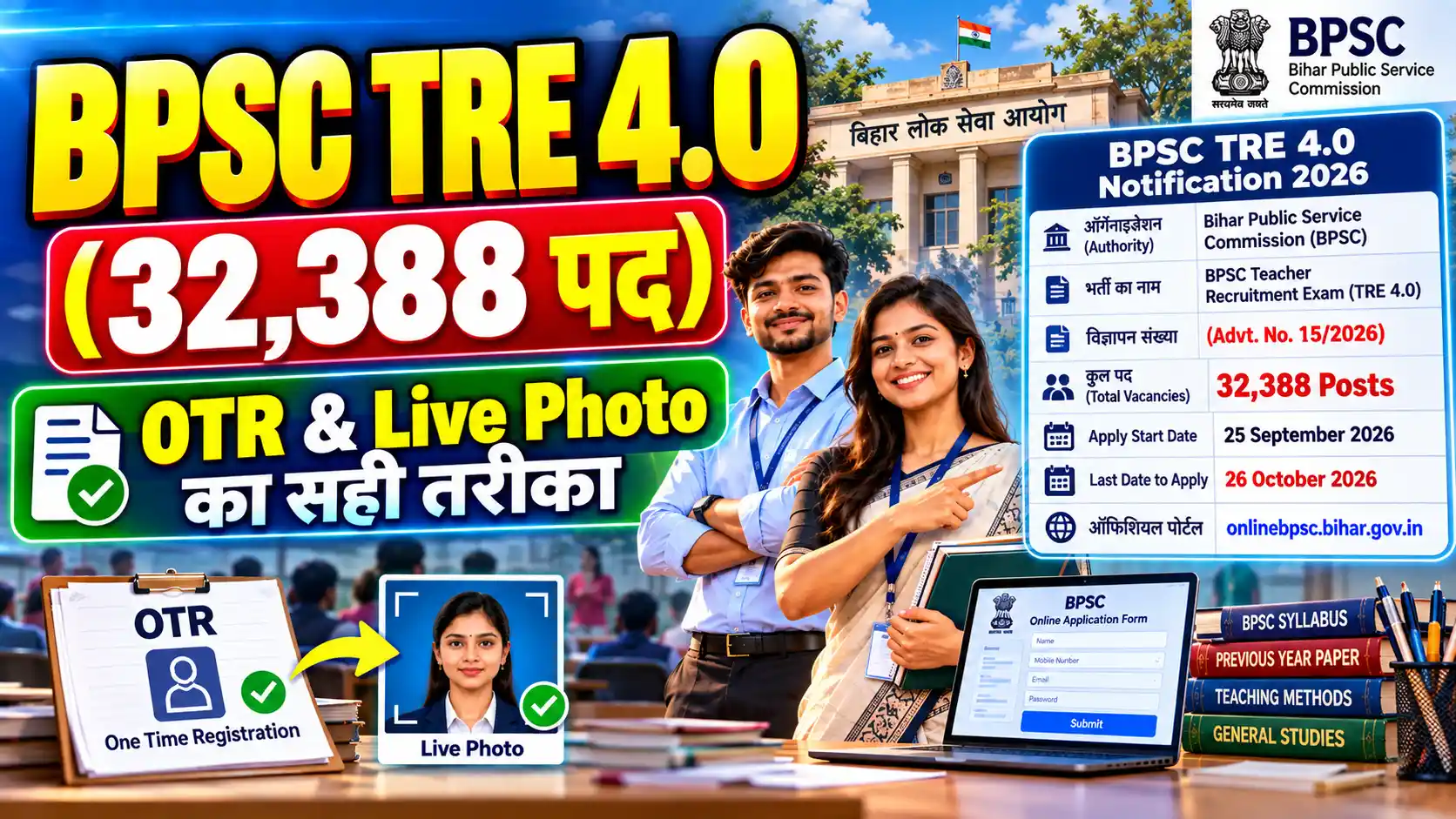 BPSC TRE 4.0 Notification 2026 के तहत 32,388 BPSC teacher vacancy के लिए ऑनलाइन आवेदन फॉर्म भरने का आधिकारिक प्रोसेस।